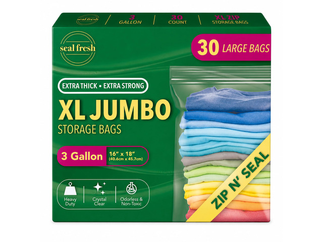 3 Gallon Large Plastic Storage Bags 16' x 18' (30 Count) Reusable XXL Extra Large Clear Jumbo Zip Bags with Sealable Zipper Top For Clothes,...