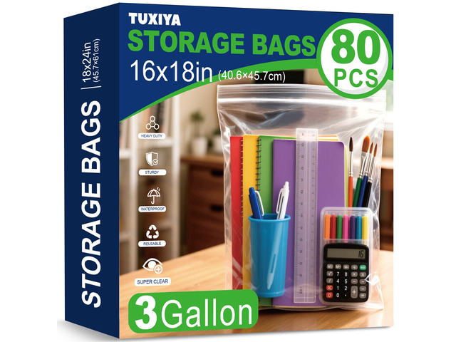 80PACK 3 Gallon Large Zipper Bags for Storage 16' x 18' Storage Bags Large Clear Zipper Bags Reusable with Sealable Zippers Top for Clothes, Travel...