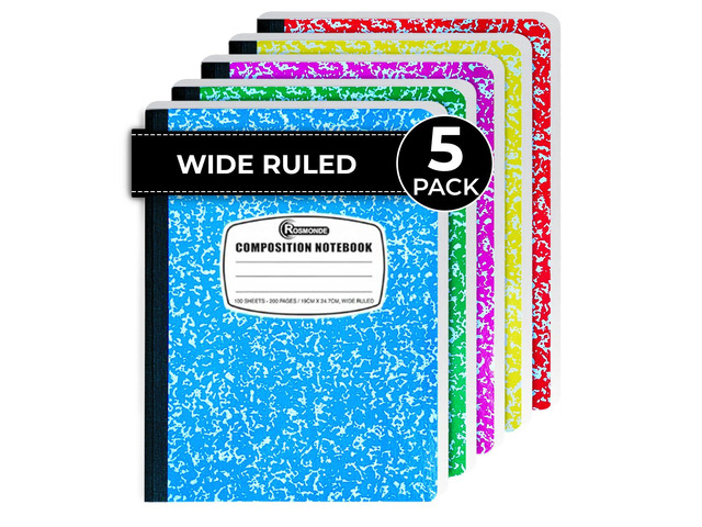 5 Pack Composition Notebooks Wide Ruled, Color Marble Notebooks Hard Cover Composition Books, 200 Pages (100 Sheets), 9-3/4' x 7-1/2', No Bleed...