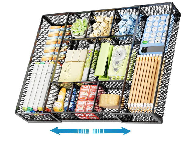 Expandable Desk Drawer Organizer, Mesh Drawer Organizer Tray with 10 Adjustable Compartments, Desk Organizers and Accessories, 5 Dividers Drawer...