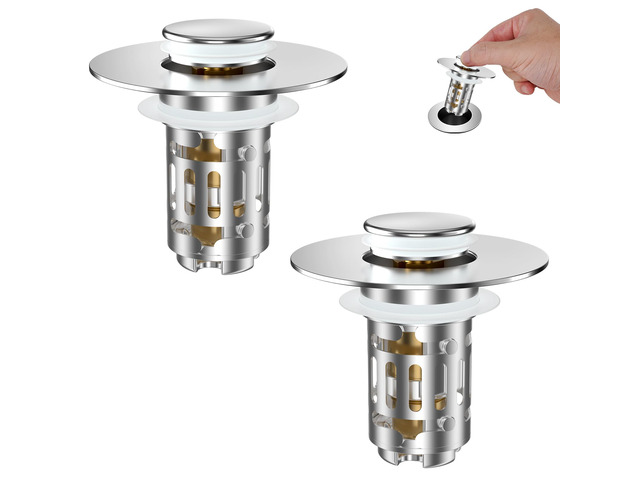 2 Pack Bathroom Sink Drain Strainer, 3 in 1 Pop Up Stopper Universal Hair Catcher Sink Plug for 1.1''-2.36'' Hole, Removable Stainless Steel Filter...