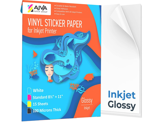 Printable Vinyl Sticker Paper for Inkjet Printer - Glossy White - 15 Self-Adhesive Sheets - Waterproof Decal Paper - Standard Letter Size 8.5'x11'