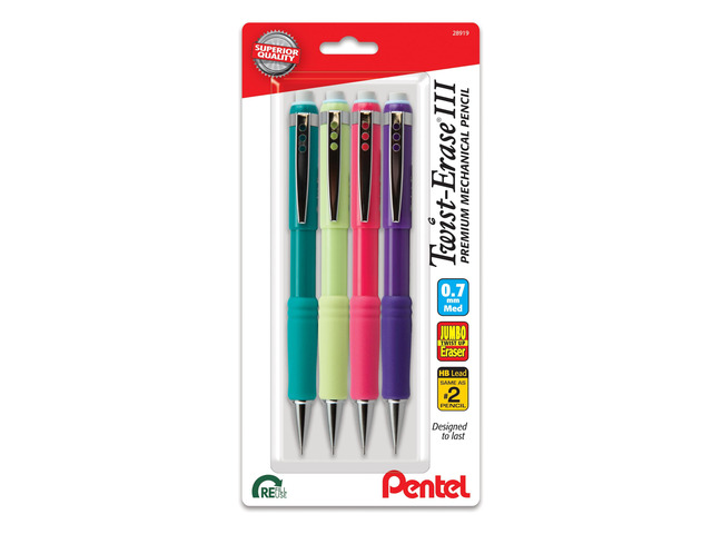 Twist-Erase III Mechanical Pencil, (0.7mm), Medium Line, Assorted Fashion Color Barrels, Pack of 4 (QE517FBP4M)