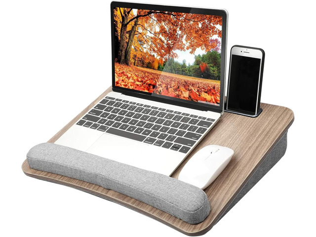 Laptop Lap Desk with Cushion, Fit up to 15.6' Laptops, Woodgrain Portable Lap Desk with Pillow Cushion, Anti-Slip Strip & Storage Function for Home...