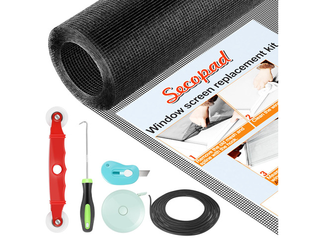 Window Screen and Screen Door Mesh Repair Kit, Black, 39in x 78in Replacement Tools Kit, Easy to Install, Extra Large, Durable Fiberglass, Pet and...
