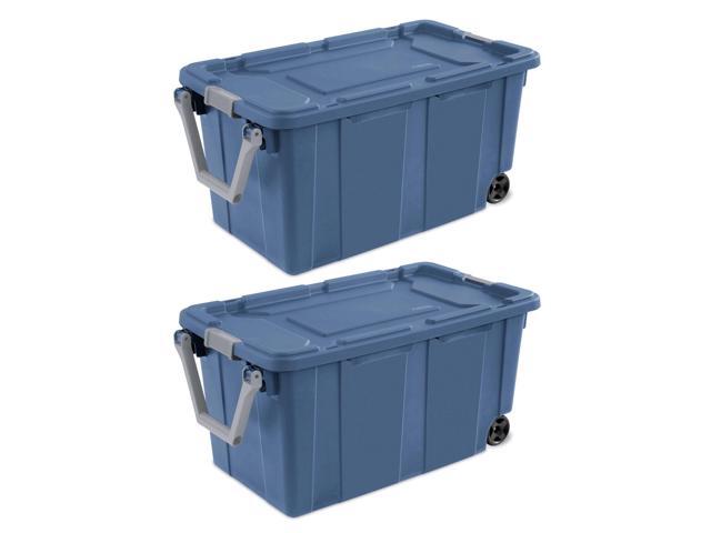 Industrial Storage Tote with Wheels, Blue, Heavy-Duty Plastic, 40 Gallon, Latching Lid, Stackable, 36.75x21.38x18 Inch, 2 Pack