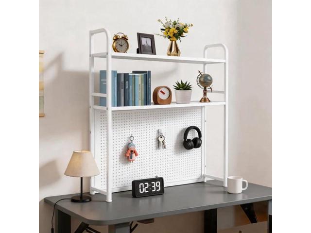 Desktop Hutch Bookshelf, 2-Tier Metal Desk Shelf Bookcase, Countertop Storage Organizer, Multipurpose Display Rack with Pegboard Hooks Screwdriver.