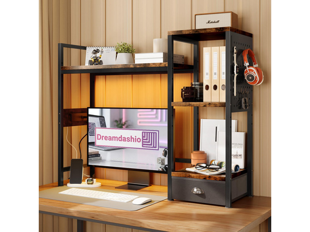 Desk Hutch with Shelves & Outlets, Desktop Bookshelf Organizer with RGB Lights, Storage Drawer & Pegboard, AntiTip Strap for Gaming/Office/Dorm