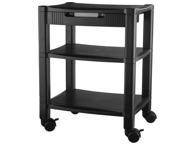 Height-Adjustable Deskside Printer Cart, Plastic, 3 Shelves, 1 Drawer, 75 lb Capacity, 17' x 13.25' x 24.5', Black