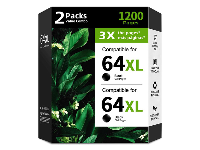64XL High Yield Ink Cartridges (Black 2 pack) Replacement for HP 64 XL For Envy Photo 7858 7855 7120 7155 7100 7158 7164 6255 6252 7800 Inspire...
