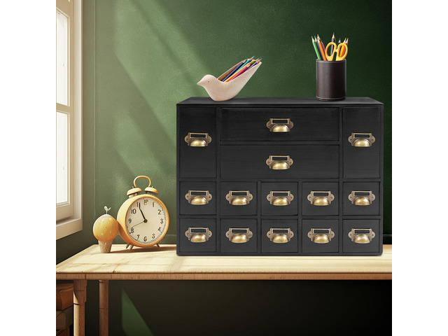 Wooden Desk Drawer Organizer, 3 Sizes Vintage Apothecary Drawers Cabinet with 14 Drawers Label Frame Practical Card Catalog Cabinets for Household...