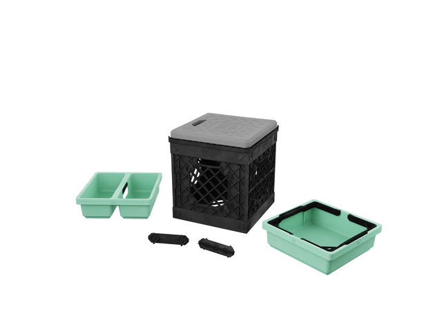 CrateGardner - Modern Black Rectangular Garden Storage Crate with Seat Topper, Cushion, and Two Drop-in Trays (Seafoam)