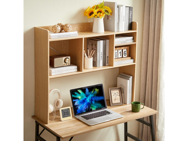 Desktop Bookshelf, Wooden Desk Storage Hutch with 6 Shelves for Computer Desk, 3-Tier Desktop Display Organizer Rack for Office Home (Natural)