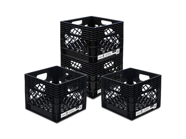 4 Pack Storage Milk Crate, Heavy Duty Versatile Box Organizers with Easy-Grip Handles, Interior 12.25'L x 12.25'W x 10.5'H, Black