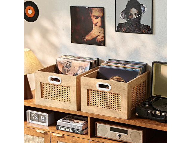 2 Pack Vinyl Record Storage Crates, Rattan Vinyl Record Holder with Handle, Natural Wood Record Crate for Vinyls Holder up to 75 LP's, Desktop Cube...