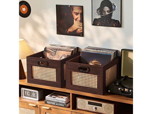 2 Pack Vinyl Record Storage Crates, Rattan Vinyl Record Holder with Handle, Natural Wood Record Crate for Vinyls Holder up to 75 LP's, Desktop Cube...