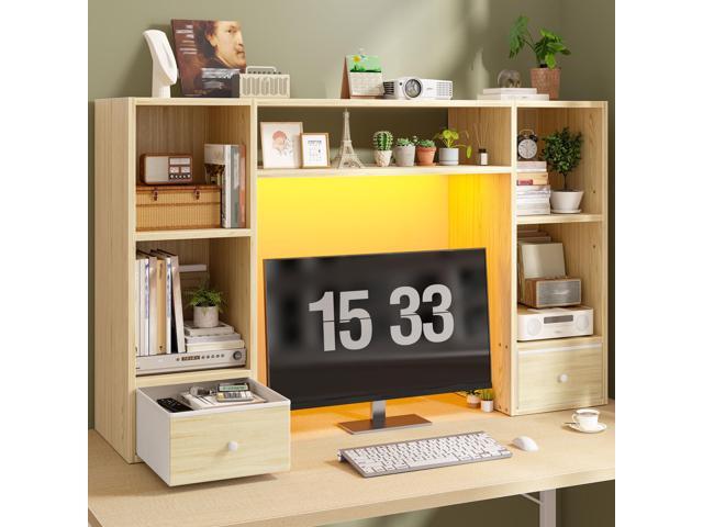 47.2' Desktop Bookshelf, 6 Shelves & 2 Drawers, LED Lights, Natural 12mm MDF with Scratch-resistant, Up to 27' -monitor, Adjustable Shelves