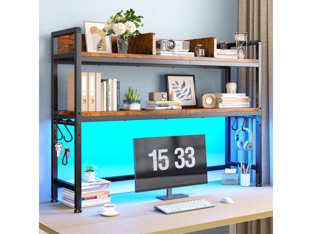 2-Tier Desk Shelf with LED for Bedroom and Home Office, Rustic Brown Students & Renters, Wood & Steel, Holds 44 lbs & 33 lbs per Tier, Adjustable.
