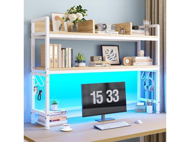 2-Tier Desk Shelf with LED for Bedroom and Home Office, White Students & Renters, Wood & Steel, Holds 44 lbs & 33 lbs per Tier, Adjustable Shelf,.