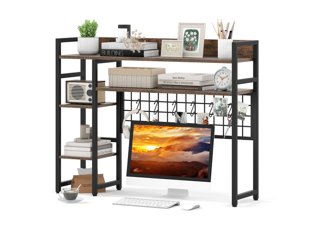 Desktop Bookshelf for Computer Monitor Up to 32, Countertop Storage Hutch with 4 Open Shelves, Grid Panel, 6 Hooks, Anti-tip Device, 4-Tier Desktop...