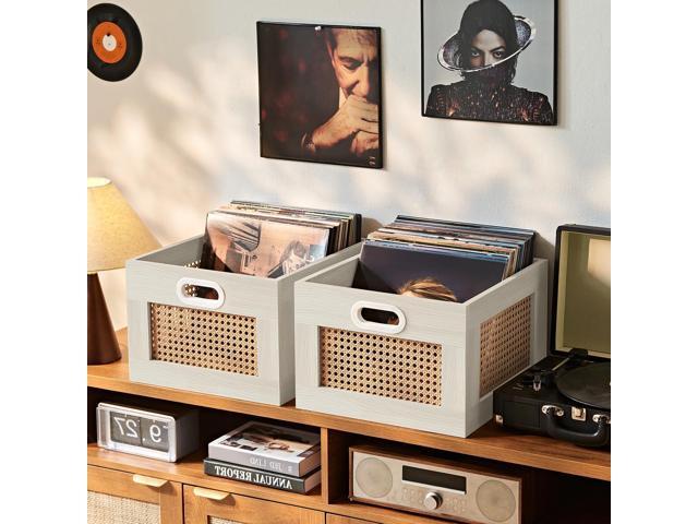 2 Pack Vinyl Record Storage Crates, Rattan Vinyl Record Holder with Handle, Grey Natural Wood Record Crate for Vinyls Holder up to 75 LP's, Desktop.