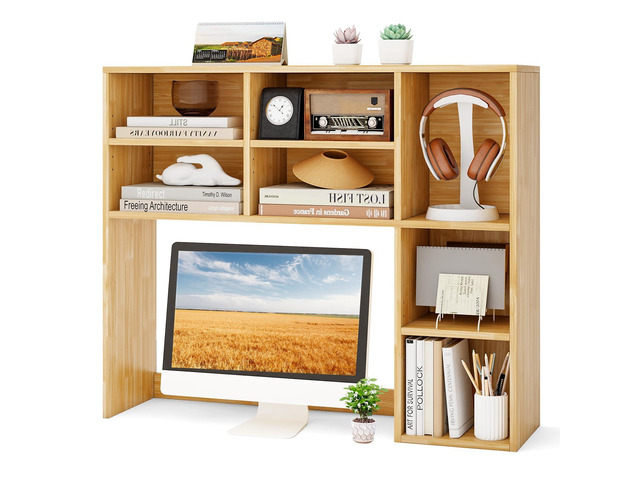 Wooden Desktop Bookshelf, Countertop Desk Hutch w/ 7 Cubes & Adjustable Shelves, Anti-toppling Kits, Table Top Organizer Shelf Fits Monitors up to...
