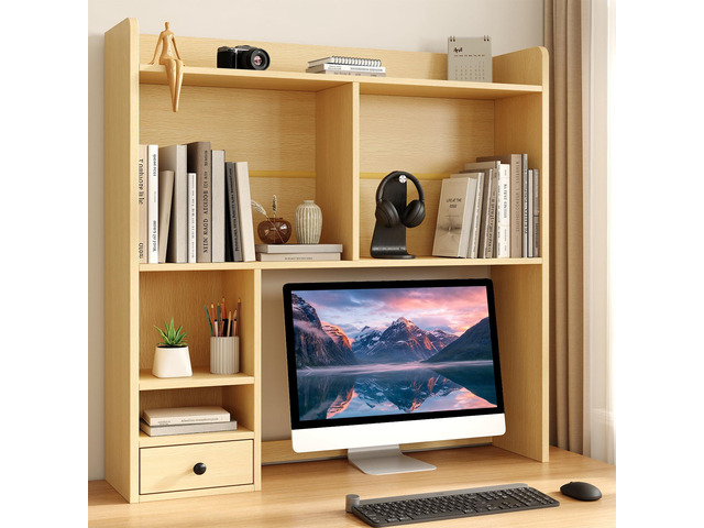 Desktop Bookshelf for 27' Monitor, Space-Saving Engineered Wood Desk Hutch Organizer with Adjustable Shelves & Drawer, Clutter-Free Tabletop...