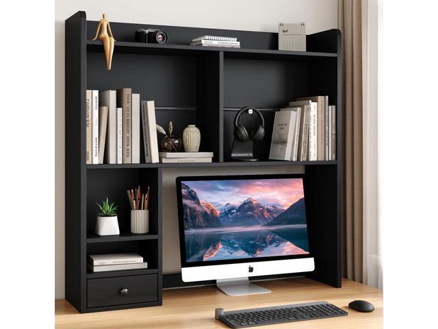 Desktop Bookshelf for 27' Monitor, Space-Saving Engineered Wood Desk Hutch Organizer with Adjustable Shelves & Drawer, Clutter-Free Tabletop.