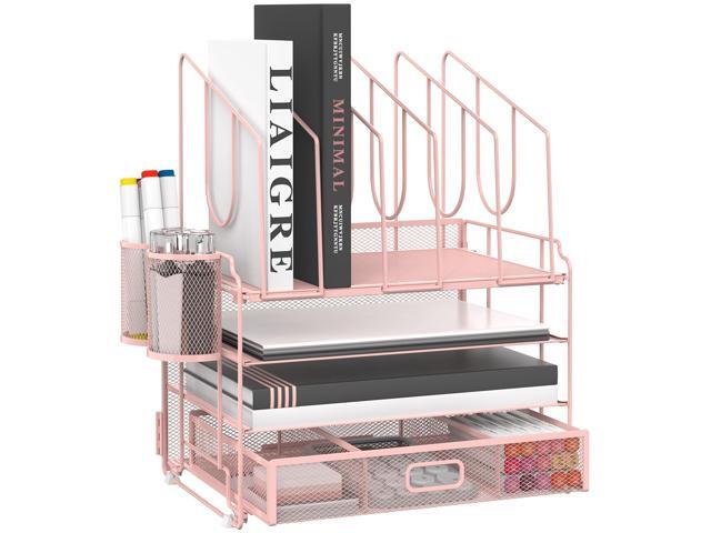 4-Tier Mesh Desk Organizer with Drawer, Desktop Organizer with 5 Vertical File Holders and 2 Pen Holders, File Organizer for Desk, Multifunction.