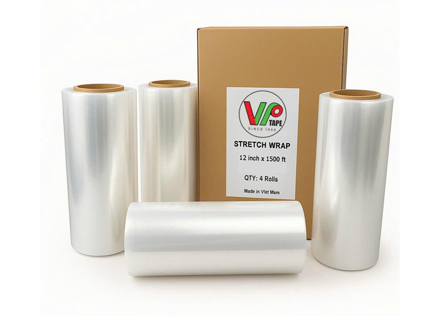 Stretch Wrap Industrial 12 Inch x 1500 Ft - 80 Gauge Thick - Clear, Stretch Film Rolls for Packaging Moving Packing Pallets (4)