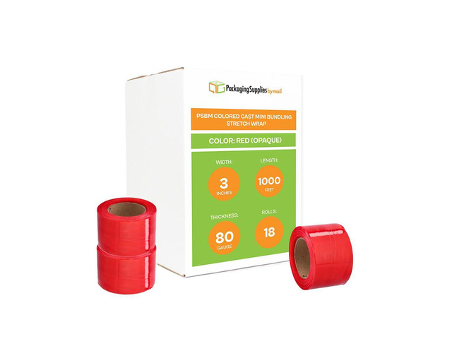 PSBM 18 Rolls Dark Red 3 Inch x 1000 Feet 80 Gauge Mini Stretch Film/Wrap with Plastic Handle, Heavy Duty Industrial Strength Shrink/Plastic Wrap...