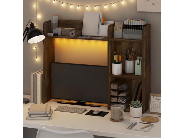 Classic Desk Shelf with LED Lights, 5-Shelf Hutch, Amber Pine LED Desktop Book Shelf, Desk Organzier, for Office Supplies, Office Desk Accessories
