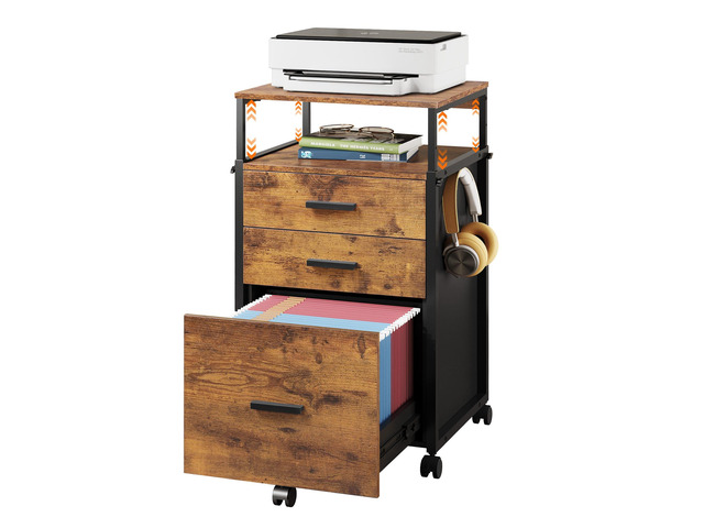 3 Drawer File Cabinet with Adjustable Shelves, Rustic Brown Rolling Wooden Filing Cabinet Mobile Printer Stand for Home Office, 15.7' D x 17.7' W...