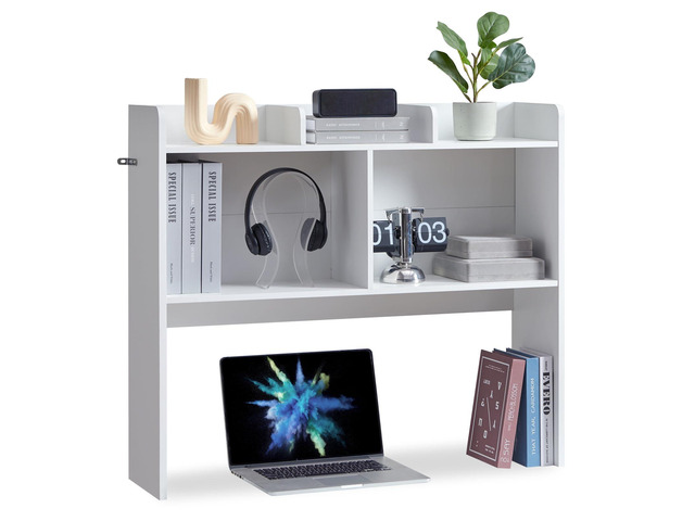 Desktop Bookshelf, Wooden Desk Storage Hutch with 5 Shelves, 3-Tier Desktop Display Organizer Rack for Office Home (White, 5 Shelves B)
