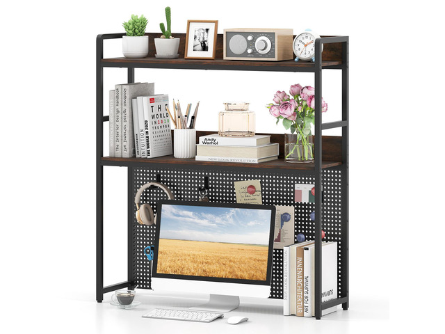 Desktop Bookshelf, Multipurpose 2-Tier Desk Hutch with Pegboard, Industrial Countertop Storage Organizer Rack for up to 32' Computer Monitor, Hutch...