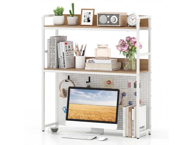 Desktop Bookshelf, Multipurpose 2-Tier Desk Hutch with Pegboard, Industrial Countertop Storage Organizer Rack for up to 32' Computer Monitor, Hutch...