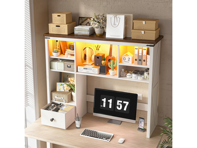 Farmhouse Desk Shelf, Adjustable Shelf with LED for Dorm & Office Students & Remote Workers, Drawer & 8 Shelves, Adjustable Organizes Desktop