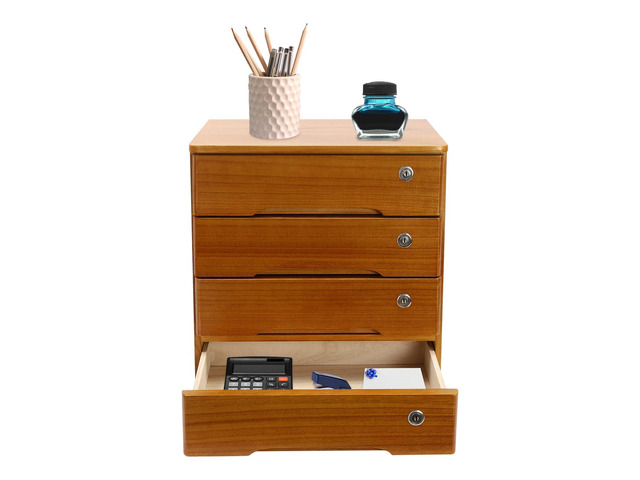 4 Drawers Wooden Desktop Storage Box W/Lockable Drawers,16 In H Office Supplies File Organizer, Flat File Cabinet,Wood Rail & Curved Handle For...