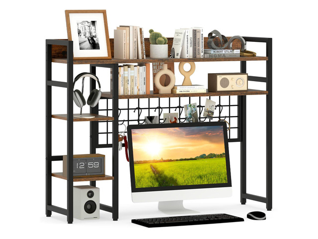 Desktop Bookshelf, 37' Desk Shelf for Up to 32' Computer Monitor, 4 Tier Desktop Display Shelves w/Grid Panel, 6 Movable Hooks, Anti-tip Device,...