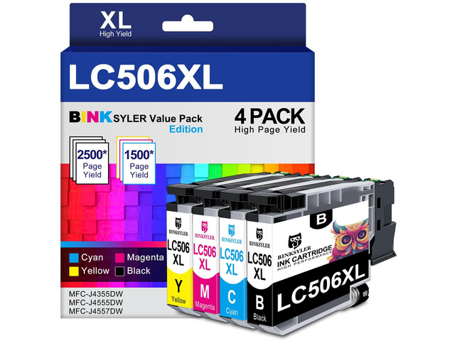 LC506XL Ink Cartridges for Brother LC506 LC 506 XL Ink 4-Pack XL High Yield Work for Brother MFC-J4355DW MFC-J4555DW MFC-J4557DW Printer (Black...