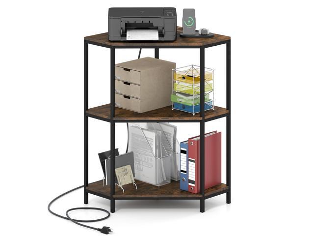 Corner Printer Stand, 3-Tier Corner Shelf with Charging Station and Metal Frame, Small Industrial Bookshelf, Printer Table for Living Room,.