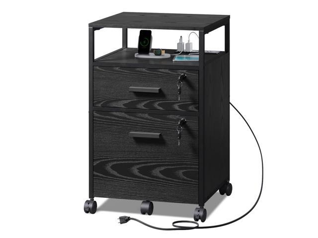 2 Drawer File Cabinet with Lock and Charging Station Wood Filing Cabinet fits A4 or Letter Size, Mobile Printer Stand with Open Storage Shelf for...