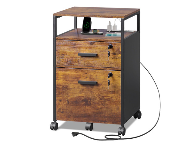 2 Drawer File Cabinet with Lock, Charging Station, Brown Adjustable Shelf, Rustic Wood Filing Cabinet, Mobile Printer Stand for A4/Letter Size...