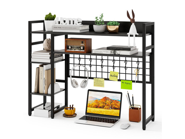 Desktop Bookshelf, 37 Inch Desk Shelf for Computer Monitor, 4-Tier Desk Hutch with Grid Panel 6 Hooks Set, Industrial Countertop Storage Organizer...