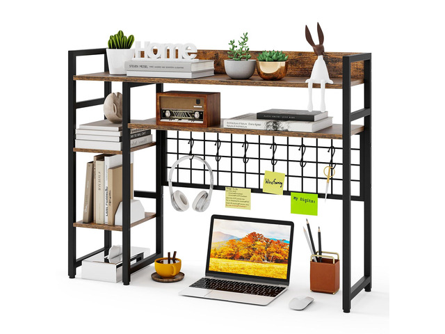 Desktop Bookshelf, 37 Inch Desk Shelf for Computer Monitor, 4-Tier Desk Hutch with Grid Panel 6 Hooks Set, Industrial Countertop Storage Organizer...