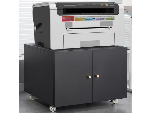 Fridge Cabinet Metal Large Fridge Stand with Storage Mobile Printer Stand on Wheels with Doors and Adjustable Shelf Rolling Printer Table Cart for.