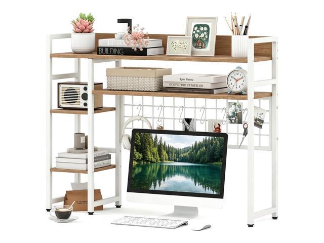 Desktop Bookshelf for Monitors up to 32', 37' x 10' Countertop Organizer with 4 Open Shelves, Grid Panel with 6 Hooks, Anti-Tip Safety Kit, and.