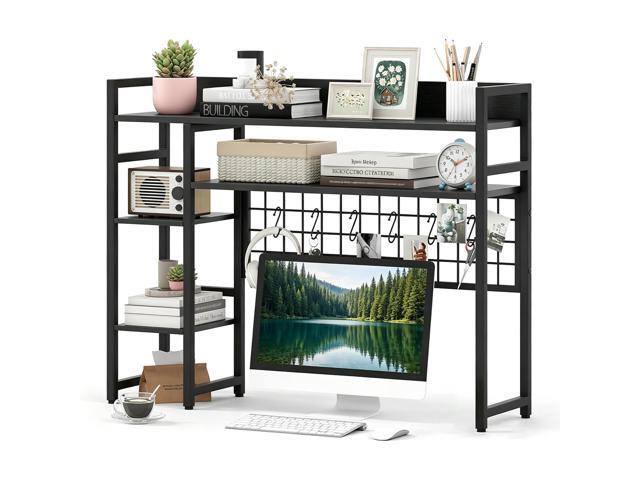 Desktop Bookshelf for Monitors up to 32', 37' x 10' Countertop Organizer with 4 Open Shelves, Grid Panel with 6 Hooks, Anti-Tip Safety Kit, and.
