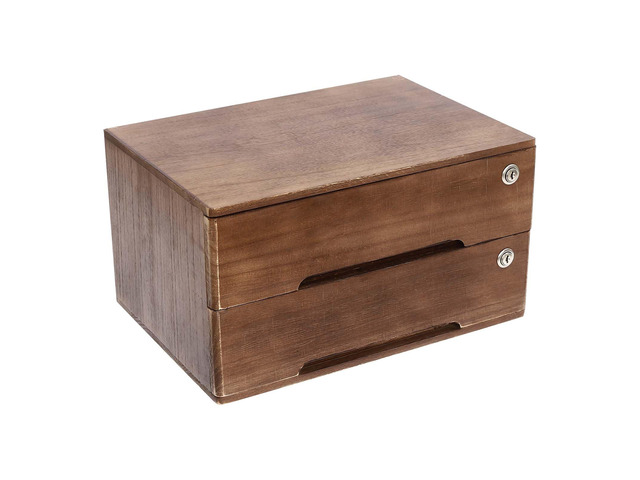 2 Drawer Small Vintage Style Wooden Storage Organizer with Lock for Accessories - Rustic Decorative Box for Office, Desktop Countertop and Incense...