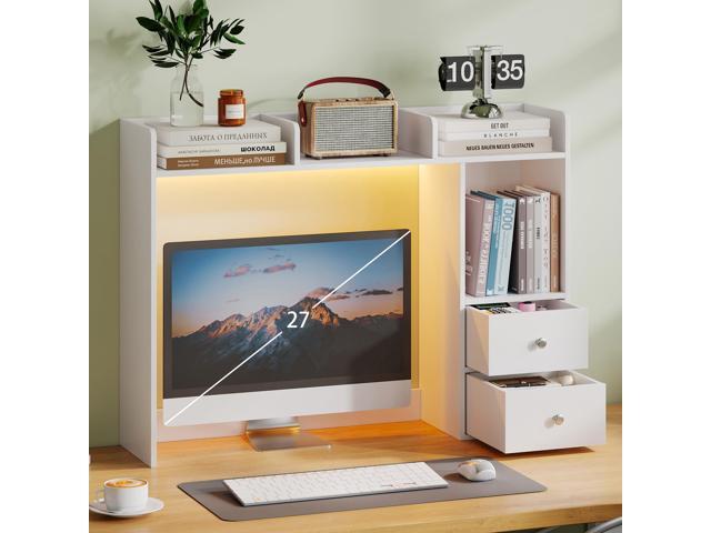 Desktop Bookshelf with LED Lights and 4 Shelves 36.6', 2 Drawers, Fits 27' Monitor, Desk Organizer Shelf, Dorm Office Home, White